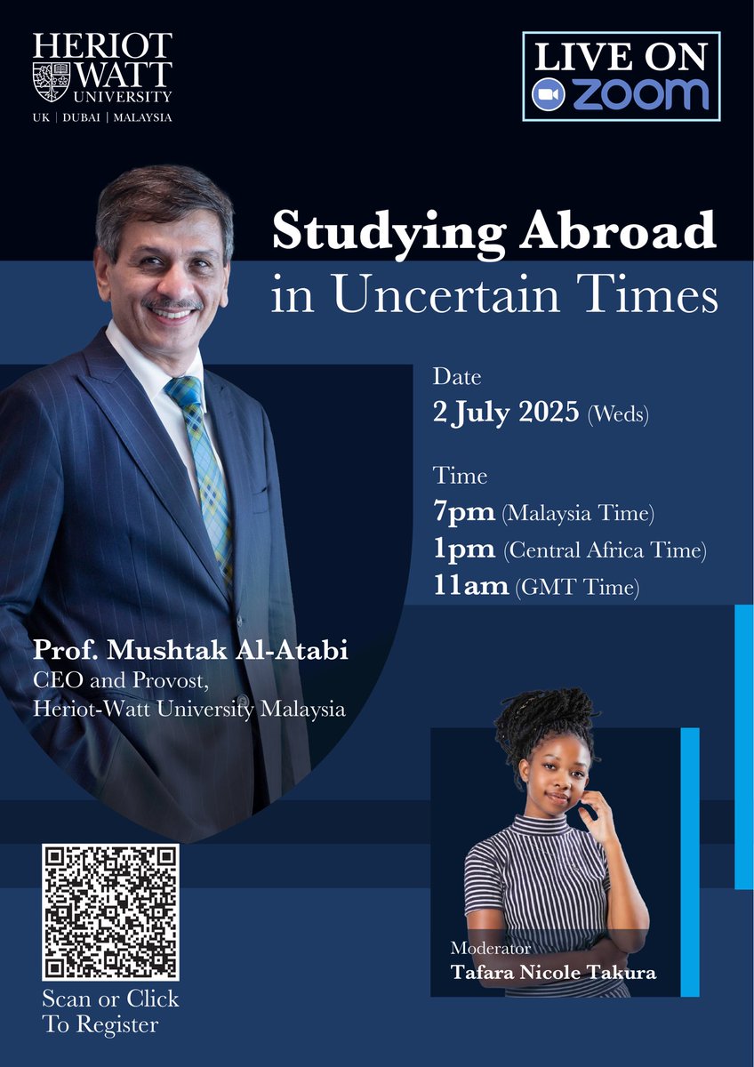 TafaraTakura's tweet photo. Studying Abroad in Uncertaint Times
🗓️ Wed 2 July 2025 | 🕐 7pm MYT 

We’ll be addressing real life concerns. From safety abroad, to choosing the right destination for your future. 
#heriotwattuniversitymalaysia #studyabroad #internationalstudent #university #cyberjaya https://t.co/7eBWu9MQpK
