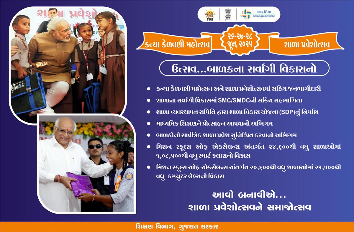 ઉત્સવ... બાળકના સર્વાંગી વિકાસનો...

મુખ્યમંત્રી શ્રી ભૂપેન્દ્રભાઈ પટેલના નેતૃત્વમાં સમગ્ર રાજ્યમાં કન્યા કેળવણી મહોત્સવ અને શાળા પ્રવેશોત્સવનો શુભારંભ...

#ShalaPraveshotsav2025
<a href="/CMOGuj/">CMO Gujarat</a> <a href="/mansukhmandviya/">Dr Mansukh Mandaviya</a> <a href="/kunvarjibavalia/">Kunvarji Bavaliya</a> <a href="/GujDCoffice/">Guj DCoffice</a> <a href="/InfoPorbandar/">Info Porbandar GoG</a>