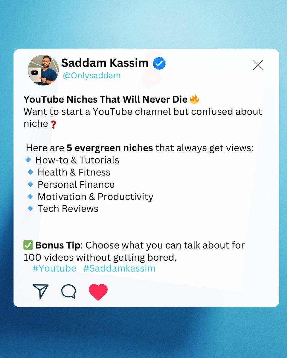 SocialSaddam's tweet photo. 5 YouTube Niches That Will Never Die 🔥 | Start Your Channel Today!

#YouTubeTips #ContentCreation #EvergreenNiches #YTgrowth #NicheSelection #StartNow #YouTuberIndia #OnlineEarning https://t.co/z8SvzpR59f