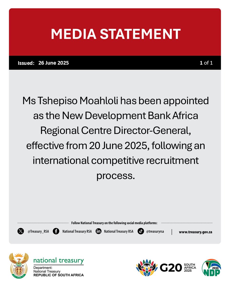 Treasury_RSA's tweet photo. Media Statement: Ms Tshepiso Moahloli has been appointed as the #NewDevelopmentBank (@NDB_int) Africa Regional Centre (ARC) Director-General. https://t.co/07UtkNZHGW