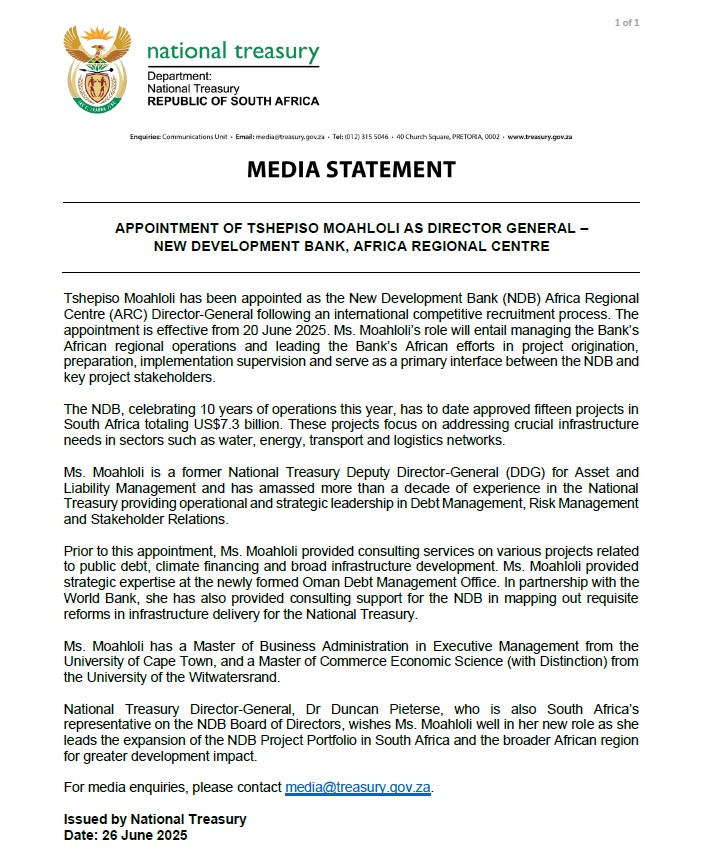 Treasury_RSA's tweet photo. Media Statement: Ms Tshepiso Moahloli has been appointed as the #NewDevelopmentBank (@NDB_int) Africa Regional Centre (ARC) Director-General. https://t.co/07UtkNZHGW