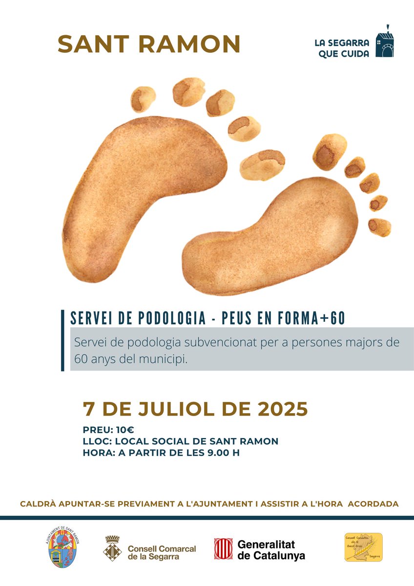Servei de podologia a Sant Ramon  👣
📍7 de juliol a partir de les 9 h 
Local Social ✅ Apunta't a l'Ajuntament