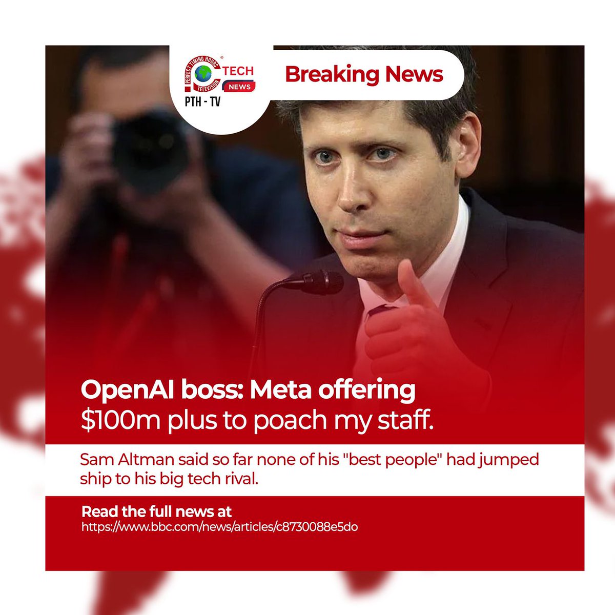 OpenAI boss: Meta offering $100m plus to poach my staff

Read the full news at bbc.com/news/articles/…

Sam Altman said so far none of his "best people" had jumped ship to his big tech rival.