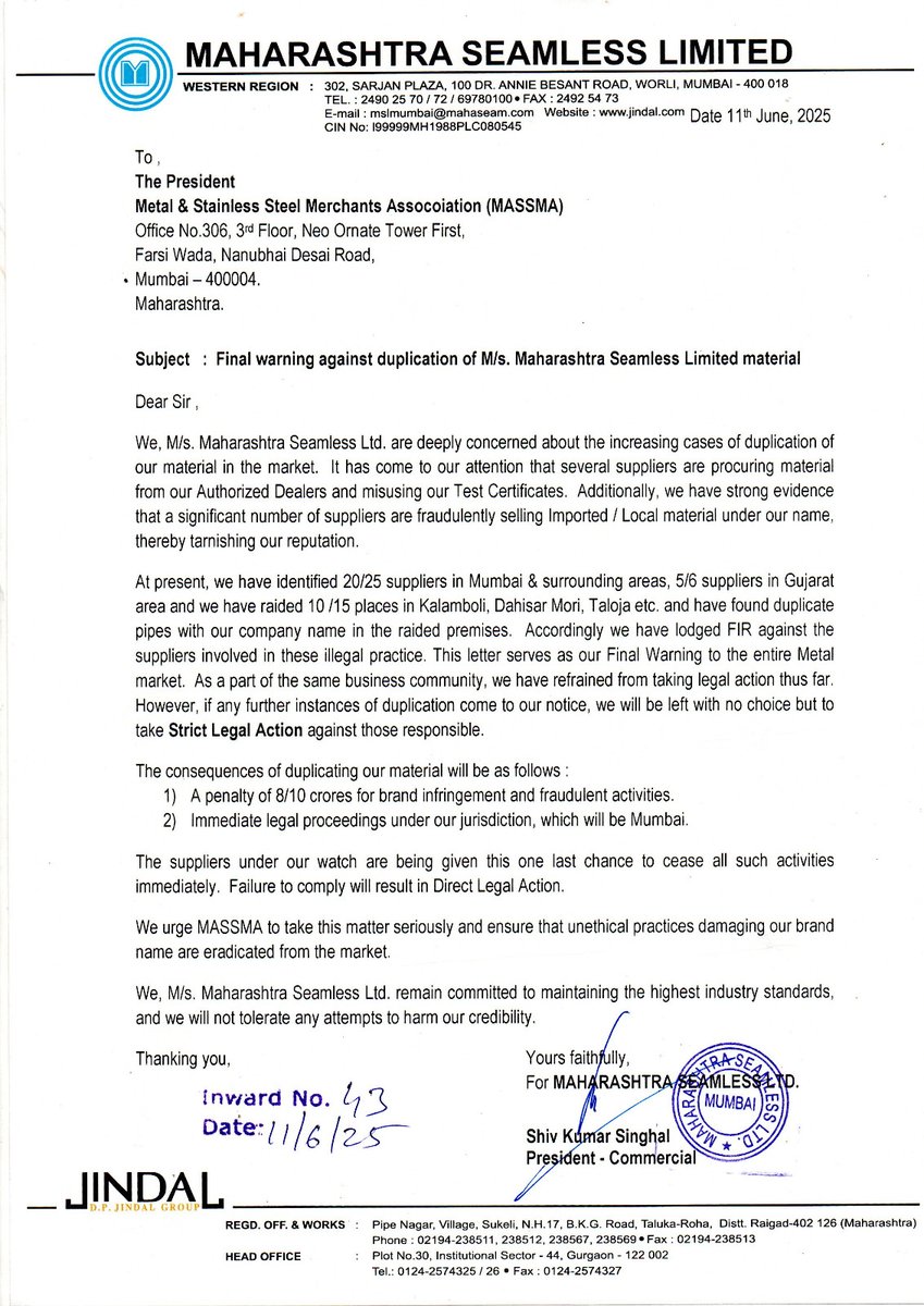 massma1982's tweet image. ⚠️ Final warning 🚨 against duplication of M/s. Maharashtra Seamless Limited material 🏭❌ Strict action will be taken against any such malpractice 🚫🛡️

#MaharashtraSeamless #AntiDuplication #FinalWarning #TradeAlert #StayGenuine #BusinessEthics