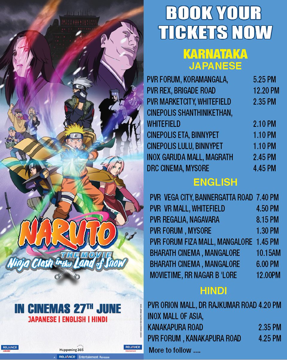 NARUTO FANS, IT’S TIME !! 🌟

Get ready to witness "Naruto The Movie: Ninja Clash in the Land of Snow" on the BIG SCREEN! 🎬🔥

Book Tickets Now.
BMS: in.bookmyshow.com/movies/mumbai/…

District: link.district.in/DSTRKT/dmovies…

NARUTO The Movie: Ninja Clash in the Land of Snow In cinemas