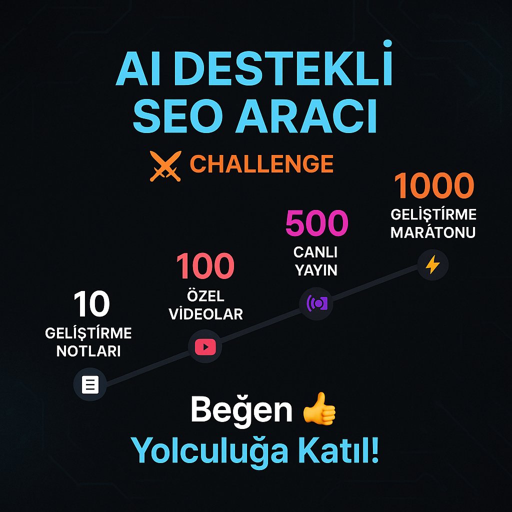 Selamlar! 👋

Yıllardır onlarca müşteri için yaptığım SEO çalışmalarındaki manuel işleri otomatize etmek için kolları sıvadım!

Ve bu yolculuğa sizinle birlikte çıkmak istiyorum! 

⚔️Bir #challenge başlatıyorum. Desteğinizle bu projeyi ne kadar ileri taşıyacağımızı görelim!