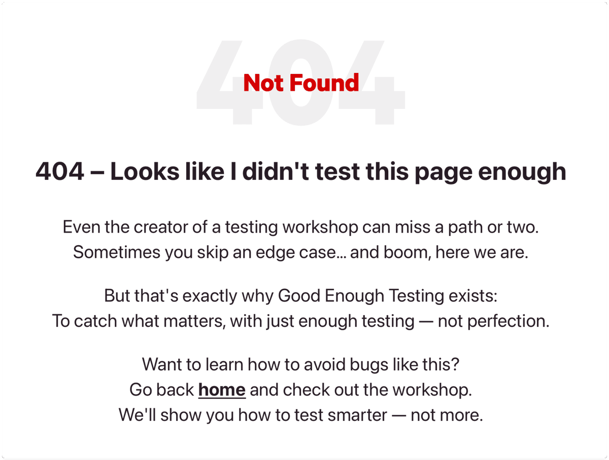 lucianghinda's tweet photo. Just refactored the 404 and 500 pages of #GoodEnoughTesting website to be a bit more in line with the topic :)
#slow #progress #coding #marketing #pages https://t.co/z5d4FMgls5