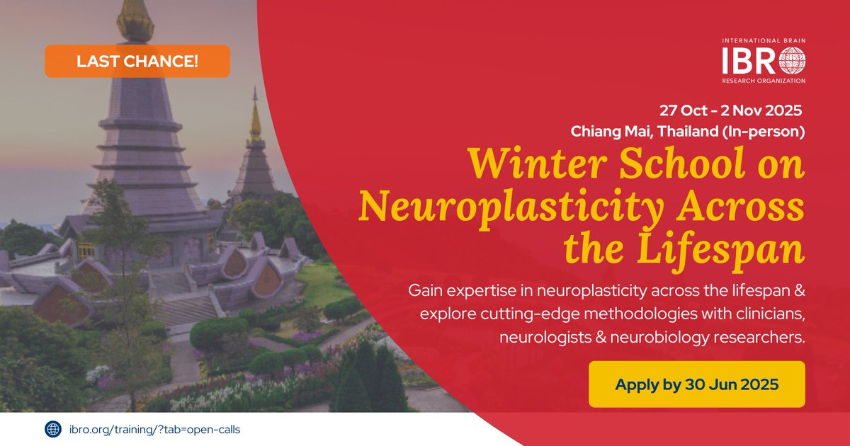 IBRO - International Brain Research Organization (@ibroorg) on Twitter photo 🧠 What makes the brain adapt across a lifetime? Find out in this in-person #training exploring #neuroplasticity from development to degeneration.
⏳ Applications close soon — apply by 30 Jun!
ibro.org/training-oppor…
<a href="/cmuofficial_tw/">CMUofficial</a> #neuroscience #IBROinAsiaPacific 🧠 What makes the brain adapt across a lifetime? Find out in this in-person #training exploring #neuroplasticity from development to degeneration.
⏳ Applications close soon — apply by 30 Jun!
ibro.org/training-oppor…
<a href="/cmuofficial_tw/">CMUofficial</a> #neuroscience #IBROinAsiaPacific