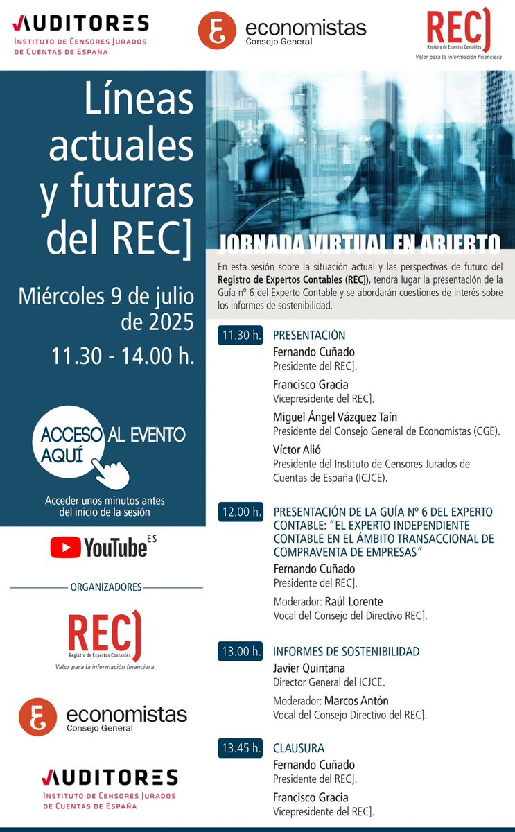 🆕 Te esperamos en la Jornada del Registro de Expertos Contables REC] "Líneas actuales y futuras del REC]" que se celebrará en el Consejo General de <a href="/EconomistasOrg/">Economistas</a> el próximo 9 de julio. 

#ExpertoContable tinyurl.com/67u84t6k