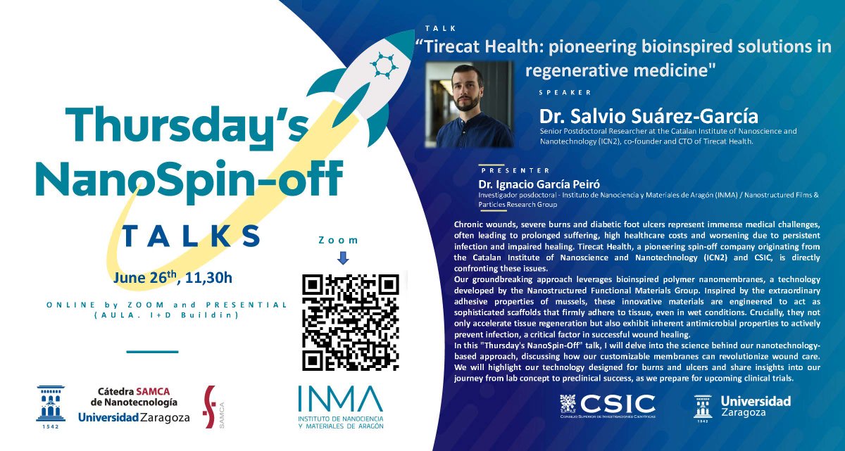 CatedraSAMCANa1's tweet image. #Hoy_en_el_INMA Thursday´s NanoSpin-off Talks con Salvio Suárez, de la empresa TIRECAT HEALTH
inma.unizar-csic.es/agenda-eventos…