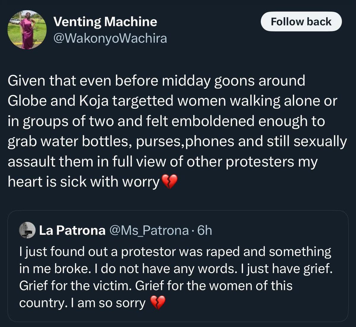 HonSharonKeter's tweet photo. My heart breaks for the women who were raped yesterday during a peaceful protest. Some goons are even boasting about it openly, saying it through their chests. This cruelty is unbearable and must never be ignored. To the survivoryou are not alone. We must demand justice https://t.co/ZN9AEE5uaf