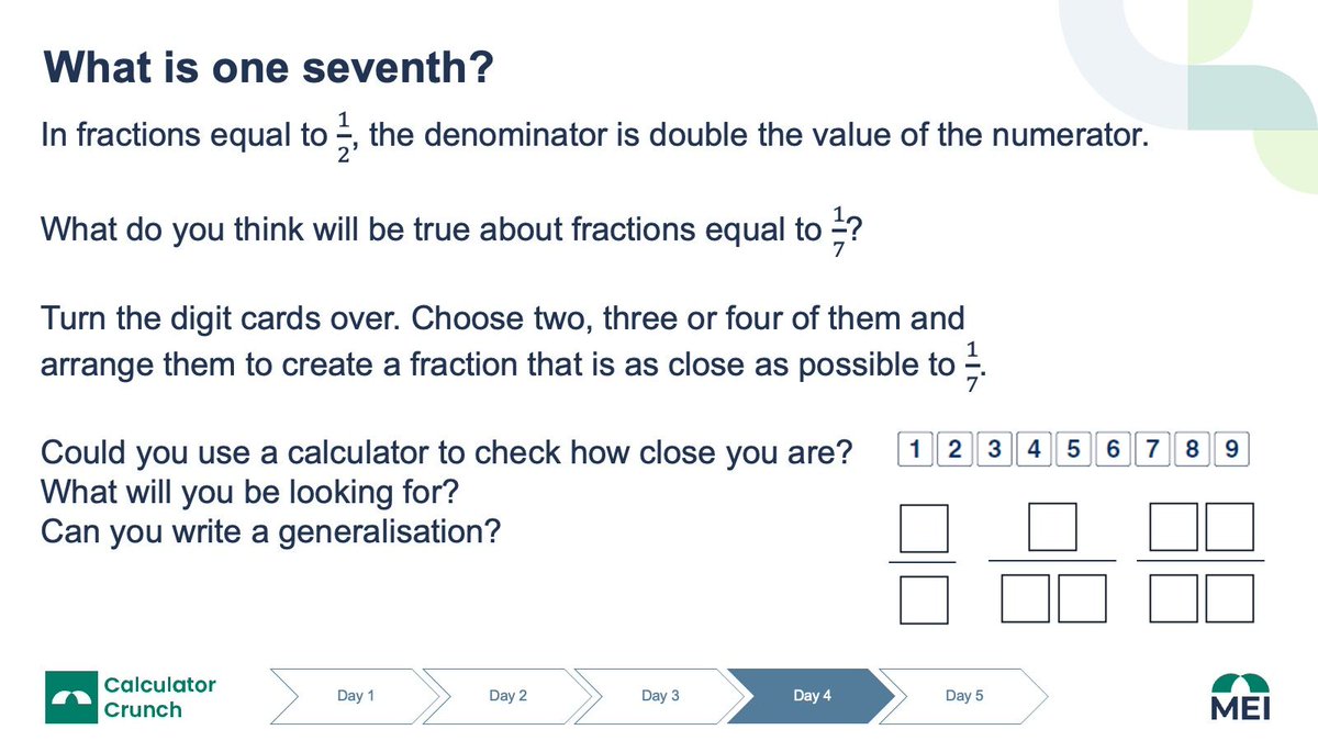 MEIMaths's tweet image. It’s Day 4 of #CalculatorCrunch and today’s puzzle is called What is One Seventh?
Use 2, 3 or 4 digit cards to create a fraction that is as close as possible to 1/7. How could you use a calculator to check and what will you be looking for?
Visit buff.ly/npVOvTf for more