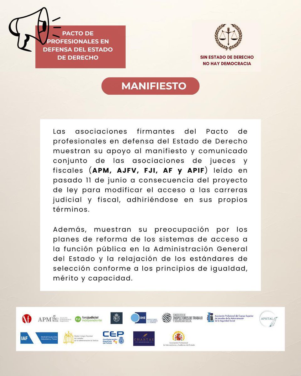 Pacto de profesionales en defensa del Estado de Derecho.

📢 Mostramos nuestra preocupación por las reformas en el acceso a la función pública y defendemos los principios de igualdad, mérito y capacidad.

#EstadoDeDerecho #JusticiaIndependiente