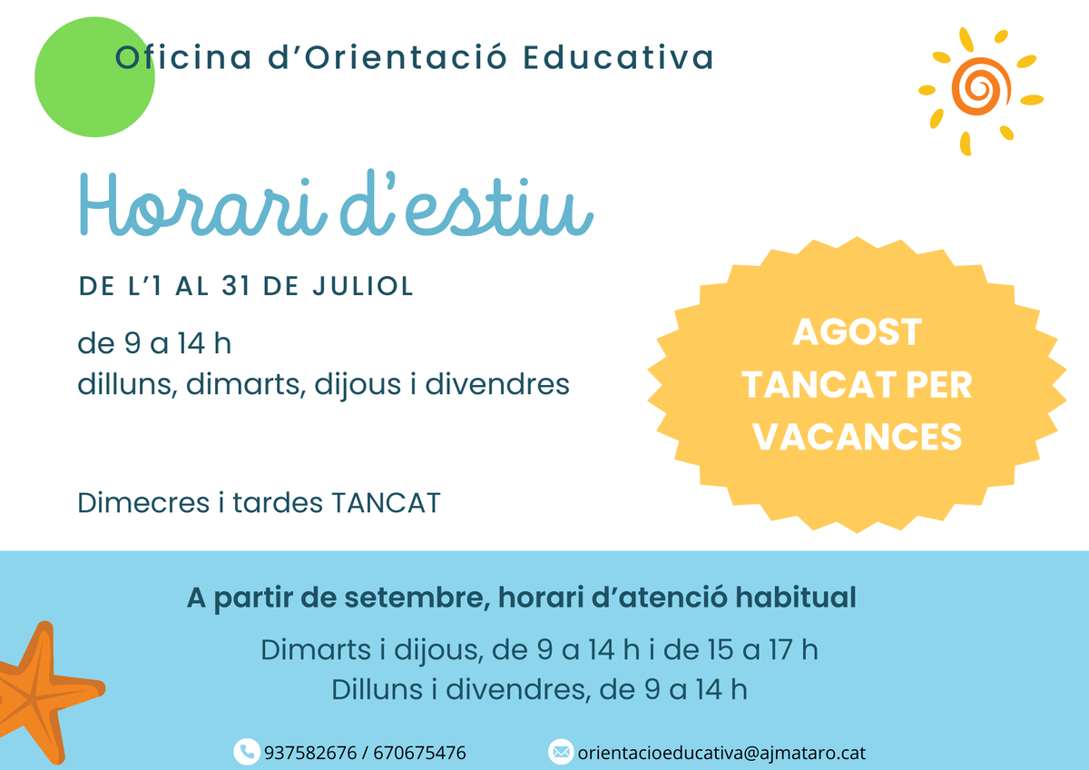 Educació Mataró (@educaciomataro) on Twitter photo 📢 L'Oficina d'Orientació Educativa modificarà els horaris d'atenció a partir de l'1 de juliol
Consulta l'horari d'estiu aquí 👉 bit.ly/4lnlrbl
#MataróOrienta <a href="/matarocat/">Ajuntament de Mataró</a> 📢 L'Oficina d'Orientació Educativa modificarà els horaris d'atenció a partir de l'1 de juliol
Consulta l'horari d'estiu aquí 👉 bit.ly/4lnlrbl
#MataróOrienta <a href="/matarocat/">Ajuntament de Mataró</a>