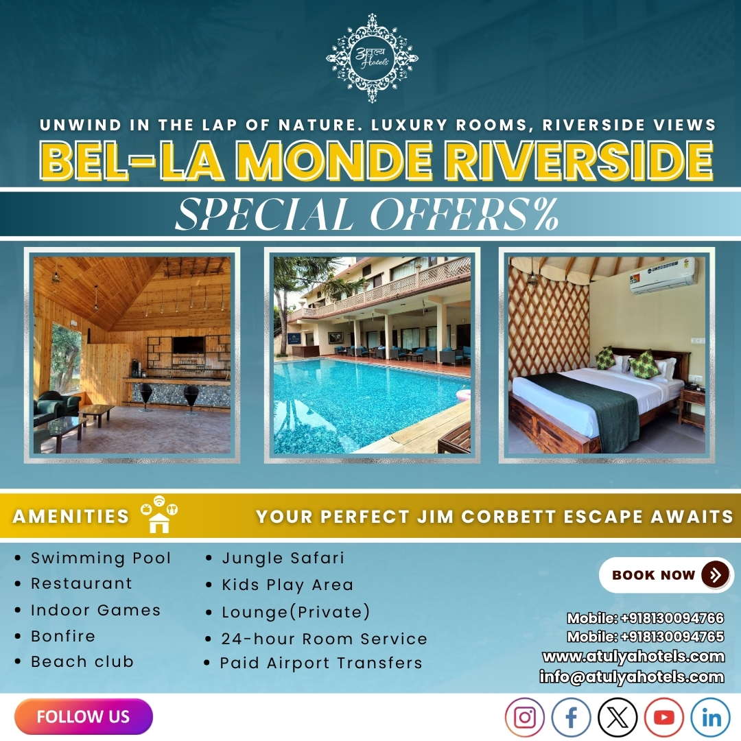 AtulyaHotels's tweet image. #BelLaMondeRiverside #JimCorbettStay #RiversideResort #CorbettRetreat #StayInCorbett #LuxuryInTheWild #KosiRiverViews #JungleEscape #WildlifeStay #NatureAndLuxury #CorbettHotels #CorbettResort #PeacefulStay #HimalayanRetreat #ForestResort #LuxuryByTheRiver #CorbettTravel
