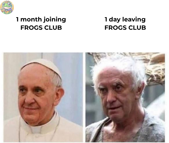 The FROGS CLUB Experience🐸💀

1 Month in FROGS CLUB
You’re feeling great, living life to the fullest, hopping through the memes, and collecting all the good vibes. 🐸✨
1 Day Leaving FROGS CLUB
Reality hits. You’ve seen too much, experienced the magic, and now you’re… well,