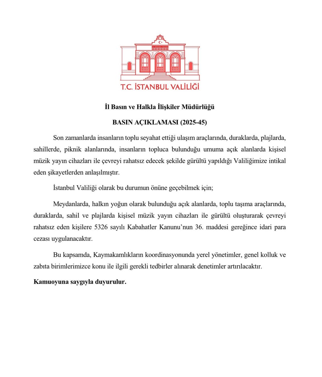 TC_istanbul's tweet photo. Umuma açık alanlarda çevreyi rahatsız edecek şekilde kişisel ya da işletmelere ait yayın araçlarıyla gürültü yapılması halinde uygulanacak tedbirlere ilişkin basın açıklamamız…

🔗 https://t.co/KmwKuqsn8V https://t.co/vbw9SWowOZ