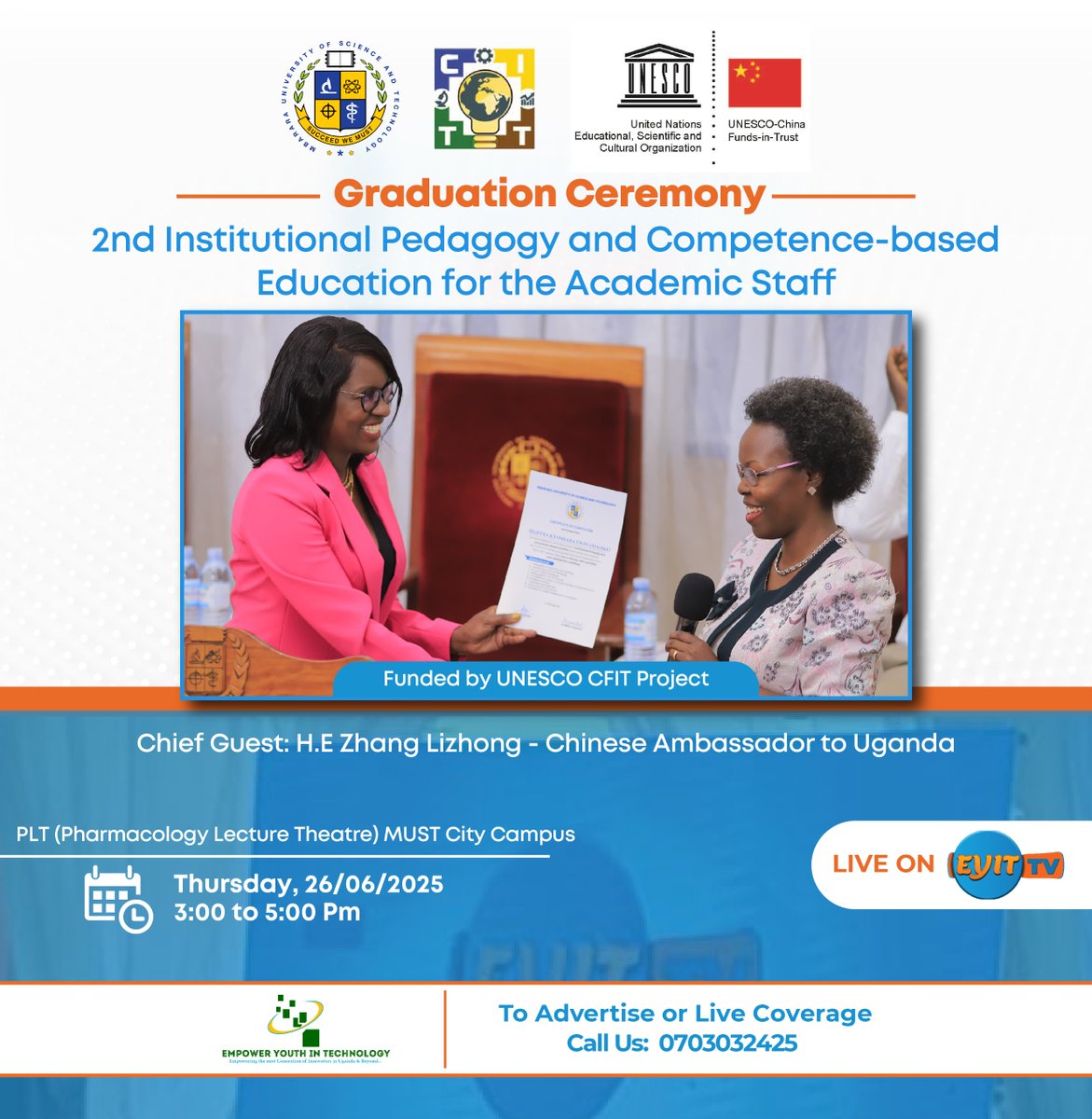 We are delighted to broadcast the Graduation Ceremony of the 2nd Institutional Pedagogy and Competence-Based Education Program for Academic Staff <a href="/MbararaUST/">Mbarara University</a> , proudly funded by the UNESCO-China Funds-in-Trust (CFIT) Project. 

This program has been instrumental in equipping