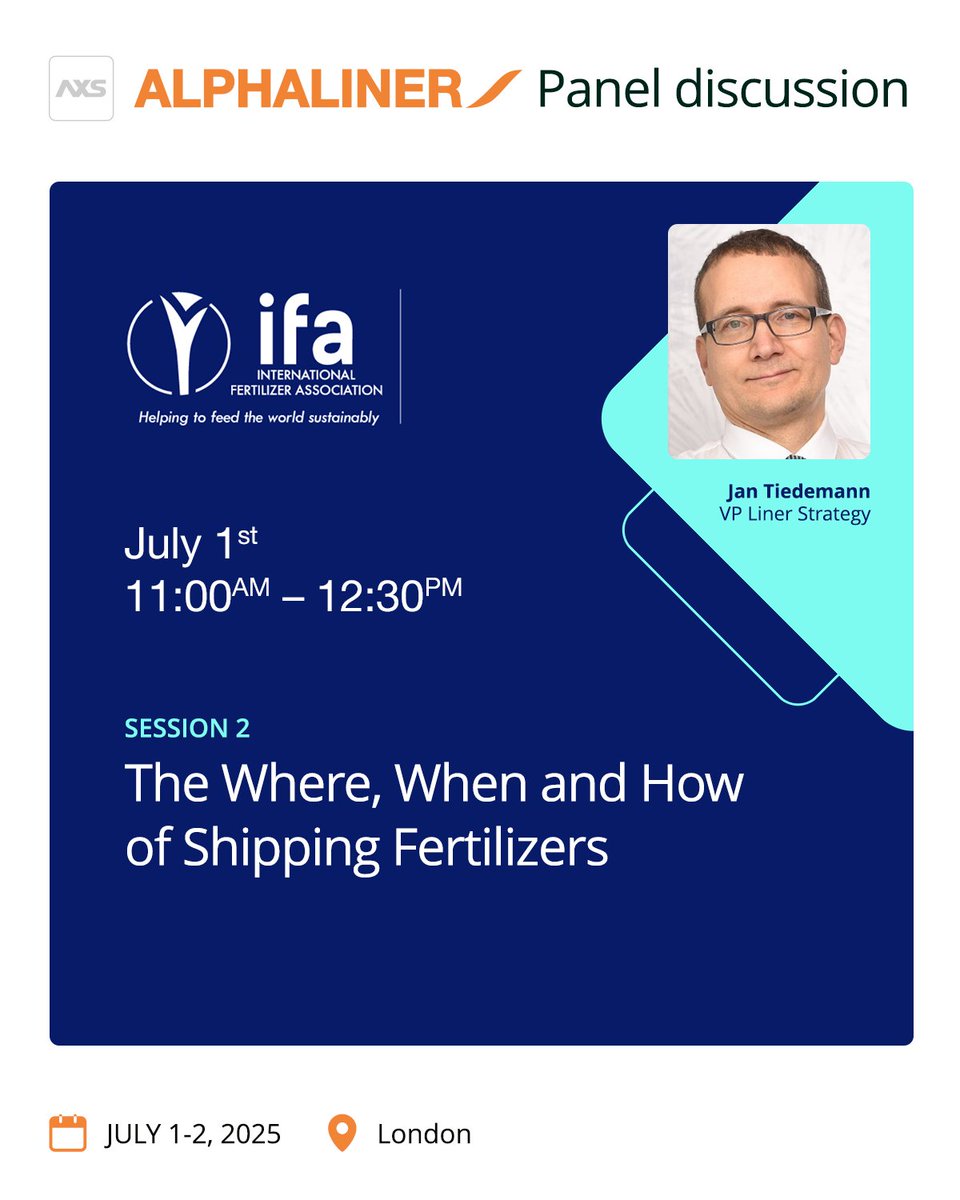 Alphaliner's tweet image. 📢 We’re excited to announce that our Jan Tiedemann will be attending the International Fertilizer Association (IFA) Global Markets Conference in London next week - joined by Hugo Rousse!
🤝 This event brings together global experts and innovators to explore key trends in…