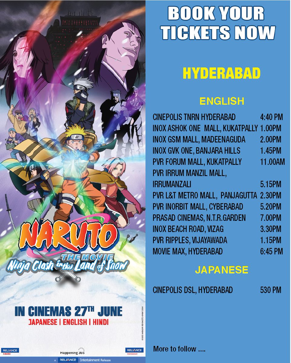 NARUTO FANS, IT’S TIME !! 🌟

Get ready to witness "Naruto The Movie: Ninja Clash in the Land of Snow" on the BIG SCREEN! 🎬🔥

Book Tickets Now.
BMS: bookmy.show/NarutoNCLOS

District: link.district.in/DSTRKT/pnaruto

NARUTO The Movie: Ninja Clash in the Land of Snow In cinemas