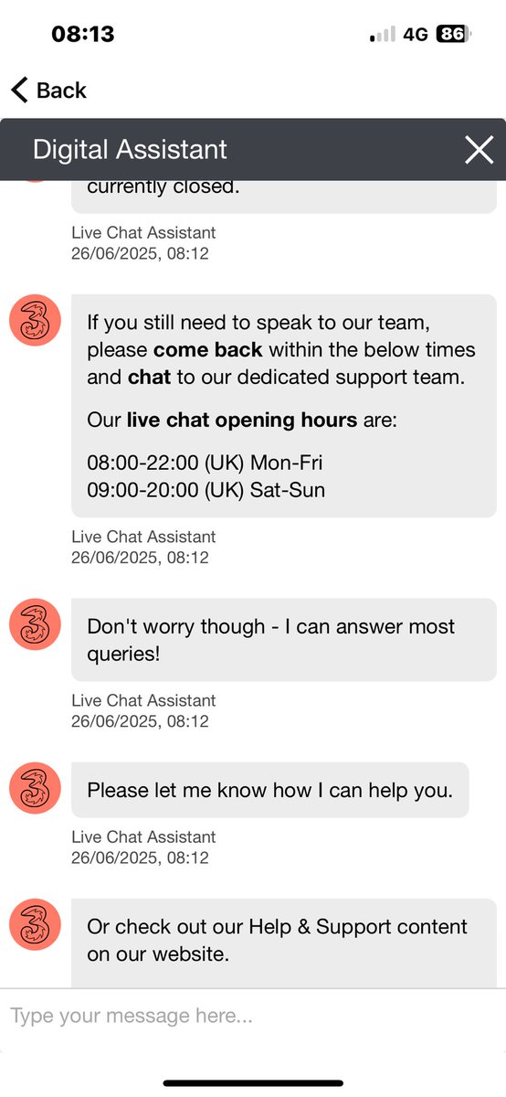 de761761's tweet photo. @ThreeUKSupport @ThreeUK 
Why are you closed at 8:12 for chat support. Fed up now with your services https://t.co/gu3OxhukOU