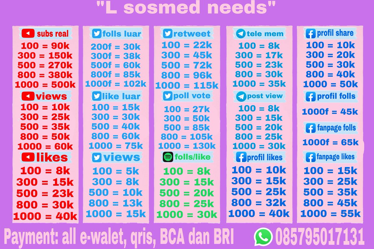 Aku jual socmed needs, whatsapp for order, cek testi di bio

t. ada yg yang jual folls followers view like share ig Instagram story FYP komen TikTok shopee yt YouTube subs subscriber Twitter retweet tele Telegram Spotify view snapgram poll vote Facebook
   Kancoxmkcksn