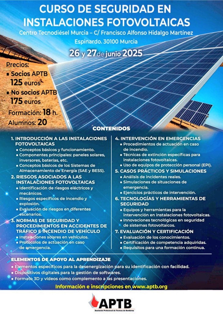 En marcha la primera edición del curso de #Seguridad en Instalaciones #Fotovoltaicas, hoy y mañana, con compañeros de #Andalucía, #PaísVasco, #Valencia, #Murcia, #Baleares... En otoño, nueva convocatoria. También disponible para Servicios. Información en aptb.org