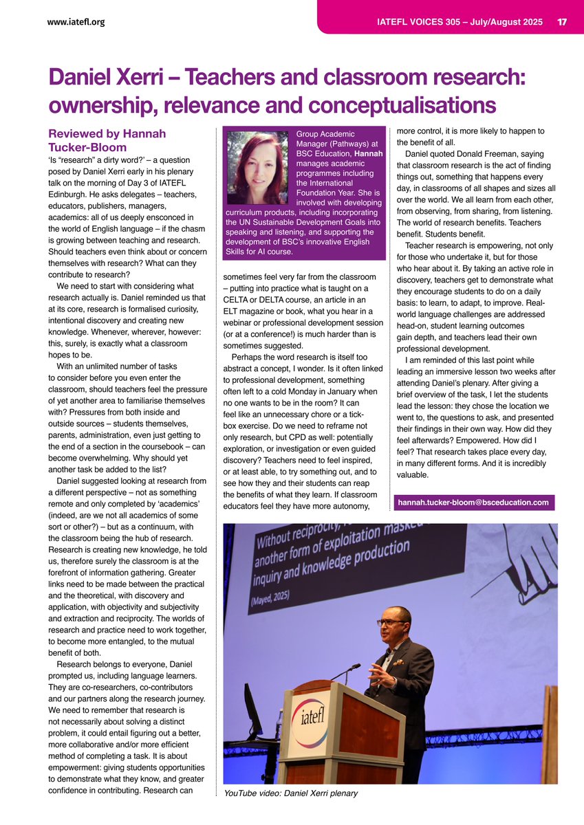 Delivering a plenary at the <a href="/iatefl/">IATEFL</a> Conference in Edinburgh earlier this year is an experience I will long cherish. In the latest issue of Voices there is a review of the plenary penned by Hannah Tucker-Bloom. 

Plenary recording: youtube.com/watch?v=lnZhAe…