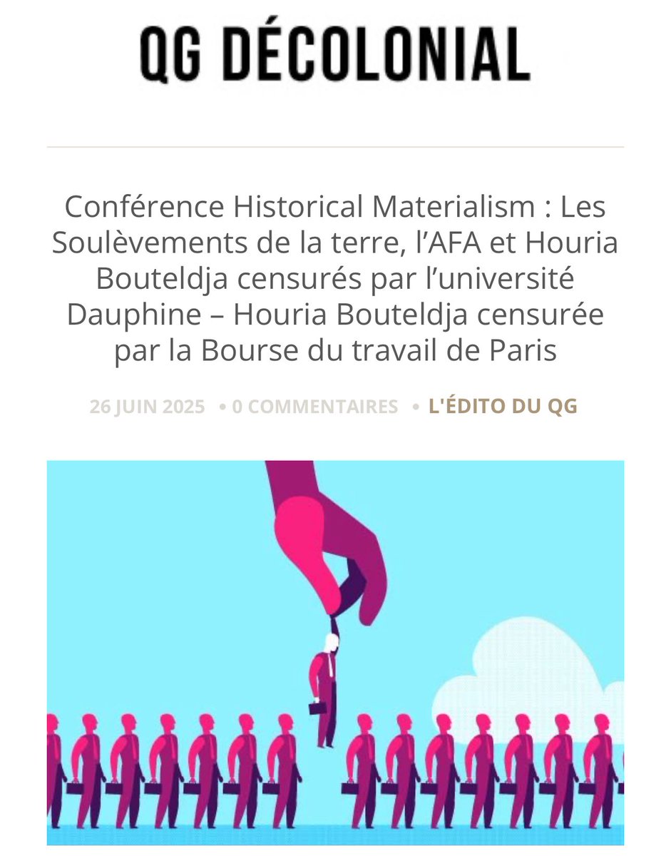 Communiqué : le QG Décolonial dénonce la censure dont il est victime avec l'Action Antifasciste Paris-Banlieue et Les soulèvements de la terre par l'université Dauphine et la bourse du travail de Paris.

Lien du communiqué : shorturl.at/nhVPv