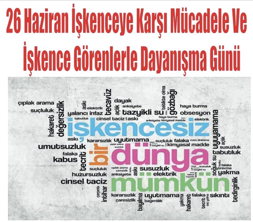 İnsanlık onuruna ve insanlığa karşı işlenen işkence suçuna karşı sessiz kalınamaz. Çünkü bu suç hepimize karşı işleniyor.
#İşkenceyeKarşıMücadeleVeDayanışmaGünü