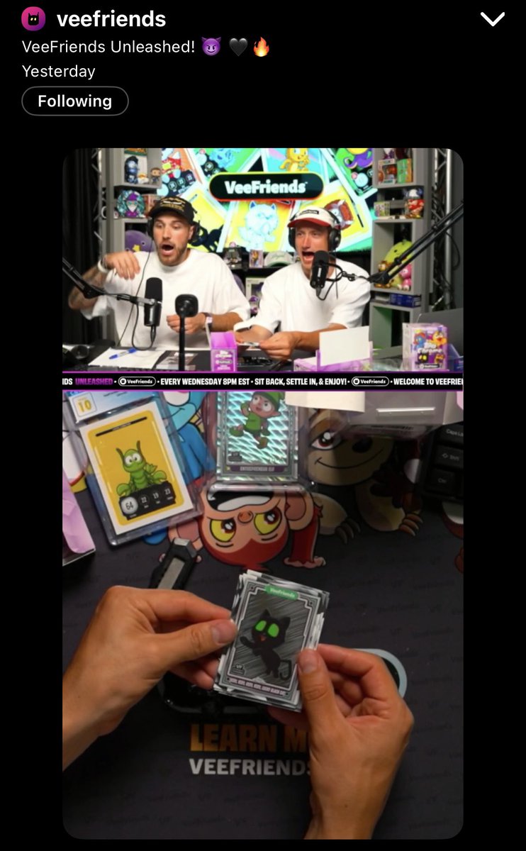 andrewvolk's tweet image. Ope. Green Eyes pull on a single Veefriends hobby pack tonight. Love the Unleashed boys faces 😂 . Lucky, indeed. 🐈‍⬛ #veefriends 

@veefriends @VeeFriendsCards