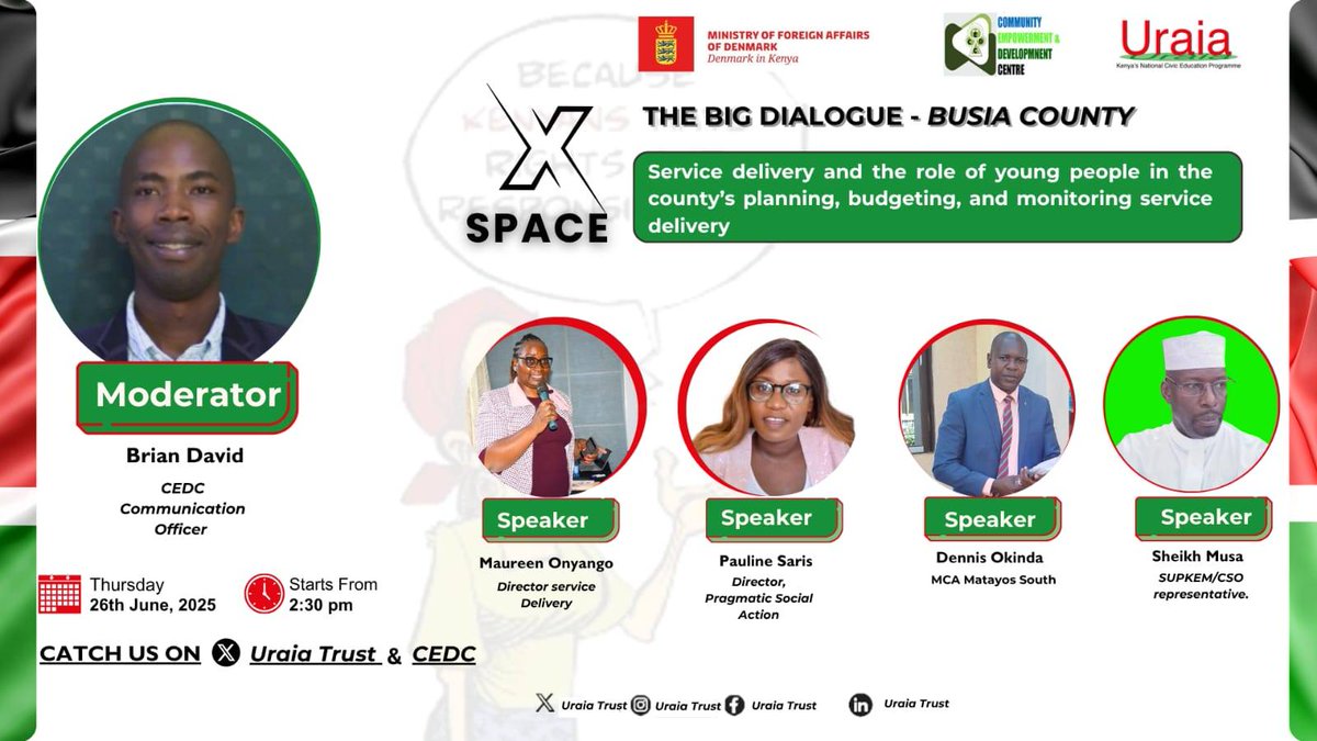 CEDC Kenya (@cedc_ke) on Twitter photo Join us Today!
The state of Service Delivery in Busia county and the role of youths in the budget making process.
You can't afford to miss this dialogue.
What will you love to be addressed during the conversation? Leave your questions in the comment section.
<a href="/UraiaTrust/">Uraia Trust</a> Join us Today!
The state of Service Delivery in Busia county and the role of youths in the budget making process.
You can't afford to miss this dialogue.
What will you love to be addressed during the conversation? Leave your questions in the comment section.
<a href="/UraiaTrust/">Uraia Trust</a>