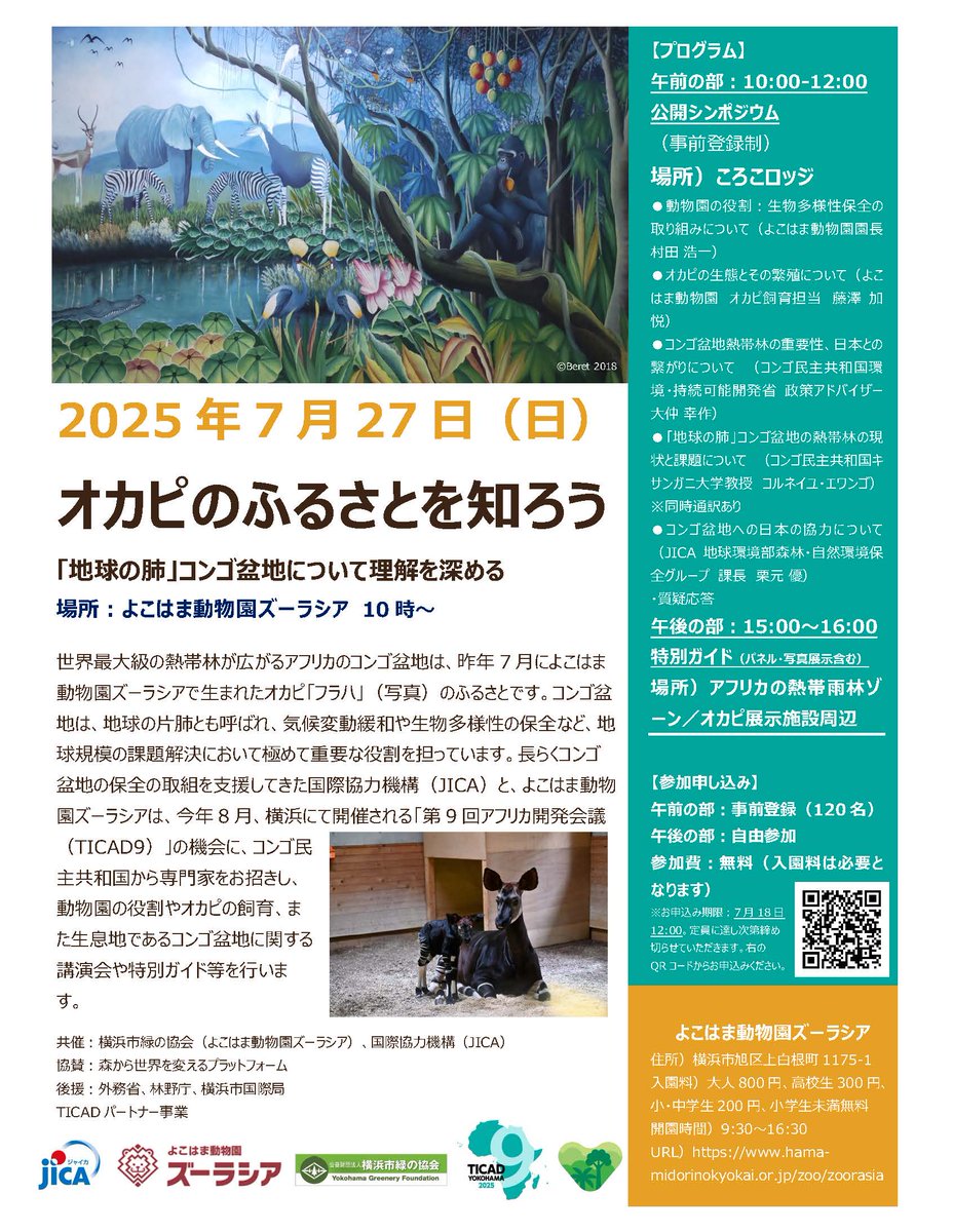 【公開シンポジウム「オカピのふるさとを知ろう」に 林野庁職員が登壇します！】
現在コンゴ民主共和国にて #JICA 政策アドバイザーとして活躍中の大仲幸作さんも登壇し、「コンゴ盆地熱帯雨林の重要性、日本との繋がりについて」をテーマに講演します！
hama-midorinokyokai.or.jp/zoo/zoorasia/d…
#ズーラシア