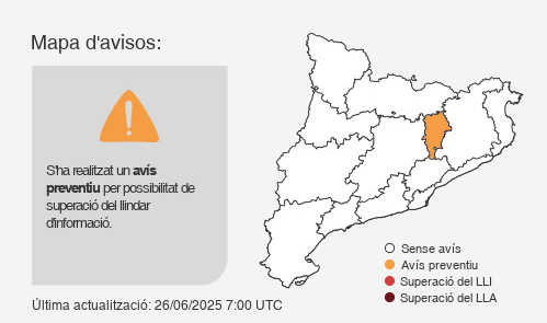 Es preveu que els nivells d’ozó siguin elevats a la Plana de Vic. A la resta, els nivells seran regulars, especialment al Vallès - Baix Llobregat i Comarques de Girona.

Més ℹ️ de la #QualitatAire 👉 ow.ly/Afzm50EJTAg