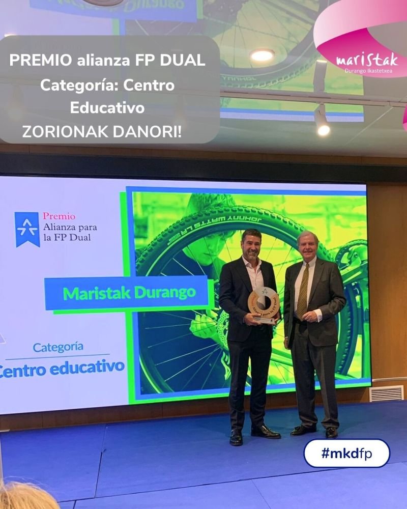 Maristak Durango Premio Alianza FP Dual en la categoría de Centro educativo con un proyecto de montaje y mantenimiento de bicicletas. ZORIONAK! <a href="/FPeuskadi/">FPeuskadi</a>