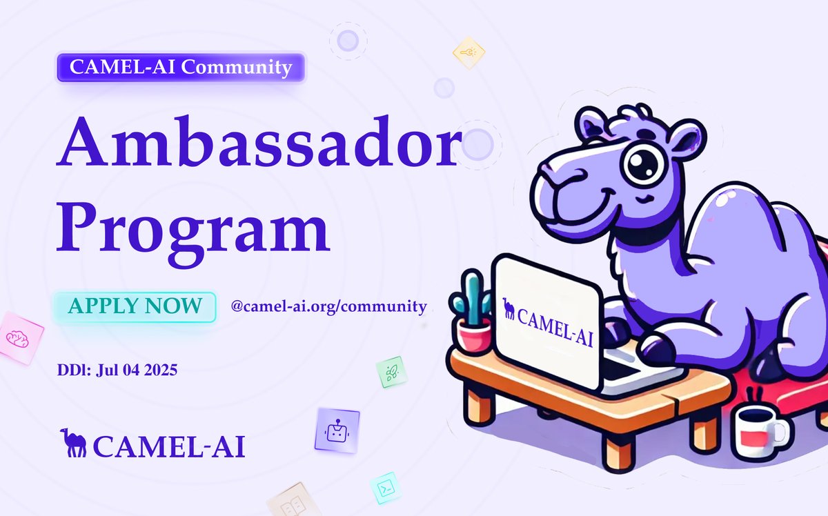 CAMEL-AI Ambassador Program is opening up again!

Come join us:
&gt; Collaborate on hands-on AI projects
&gt; Connect &amp; work with our core team
&gt; Score early access to upcoming CAMEL-AI products
&gt; Even get a chance to join our team down the road

Apply now: forms.gle/JXnCh72DSuAHQ7…
