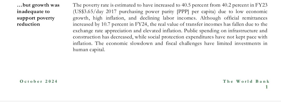ورلڈ بینک کی حالیہ رپورٹ کے مطابق پاکستان میں معاشی ترقی غربت کم کرنے میں ناکام رہی ہے الٹا غربت بڑھ رہی ہے اور وجہ الیٹ کلاس ترقی کے ثمرات نچوڑ جاتی ہے 
پاکستان میں 44فیصد آبادی جو تقریباً گیارہ کروڑ بنتی وہ گیارہ سو روپے روز نہی کماتی ان میں تین کروڑ ایسے جو چھ سو روپے بھی روز