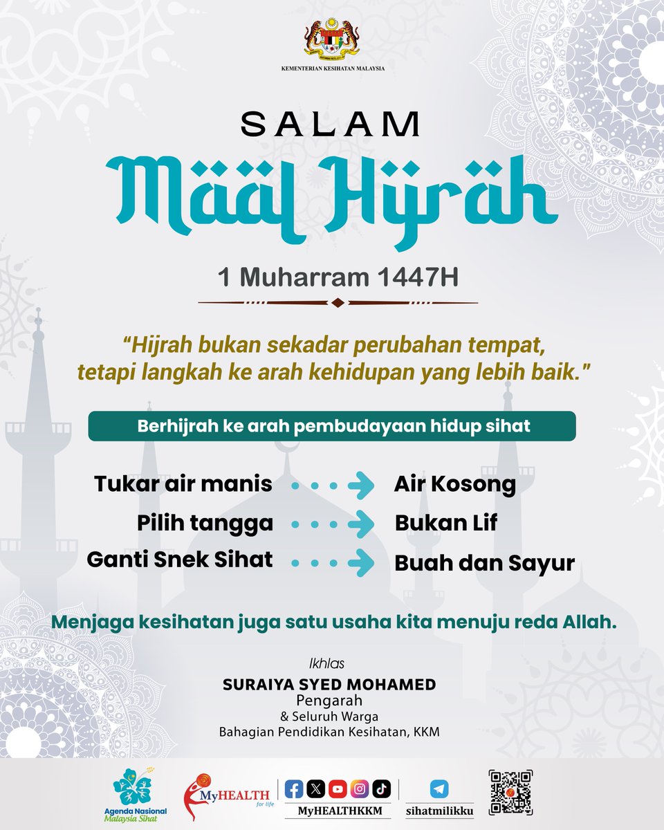 Hijrah bukan sekadar perubahan tempat, tetapi langkah ke arah kehidupan yang lebih baik.
Menjaga kesihatan juga satu usaha kita menuju reda Allah.
Salam Maal Hijrah.