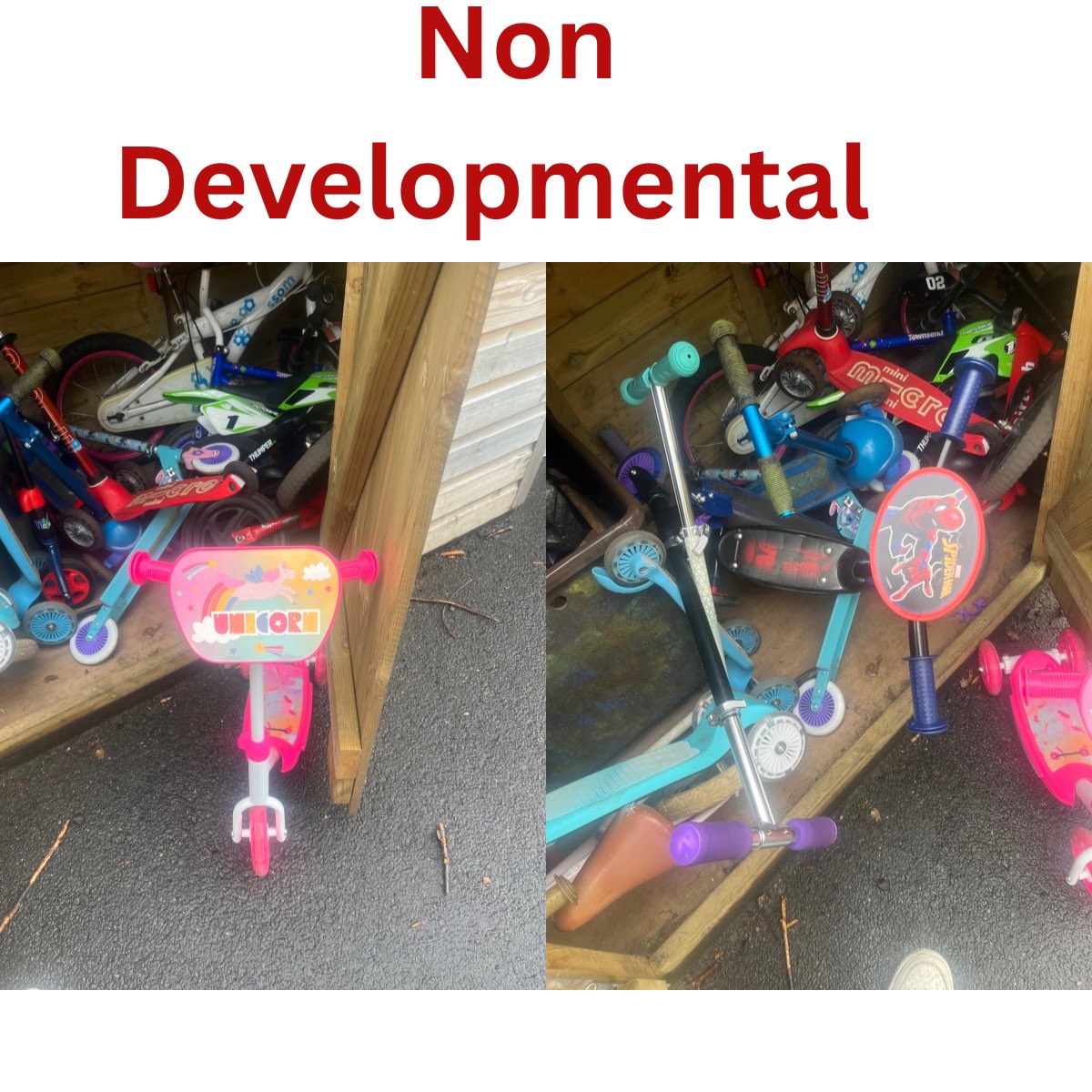 🛴 EYFS scooter sheds…

Is yours full of 
Trikes 🚫
2-wheelers 🚫
One-wheel-front designs 🚫

But not one rideable, developmental, safe scooter in sight.

These aren’t scooters.

Buy a real scooter 

💥 Build balance
💥 Train strength
💥 Create joy

£80 each