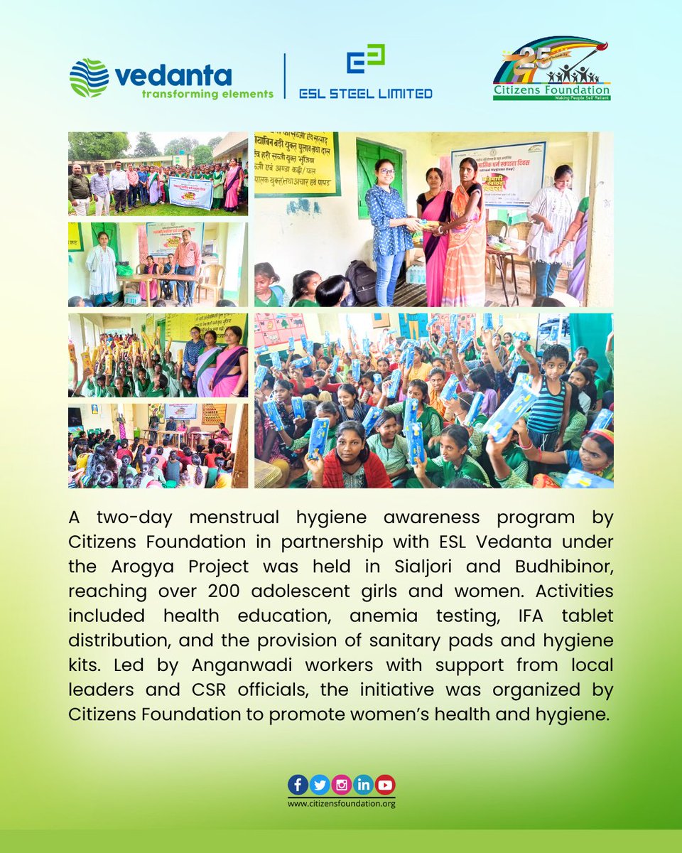 Citizens Foundation (@citizens_cf) on Twitter photo Empowering through awareness! 💪
Under the #AAROGYA Project of <a href="/ESLSteelLimited/">ESL Steel Limited</a>, <a href="/citizens_cf/">Citizens Foundation</a> organized a two-day #menstrualhygiene awareness program in Sialjori and Budhibinor villages, in #Bokaro, Jharkhand, reaching over 200 adolescent girls and women.
💊 Anemia tests & IFA Empowering through awareness! 💪
Under the #AAROGYA Project of <a href="/ESLSteelLimited/">ESL Steel Limited</a>, <a href="/citizens_cf/">Citizens Foundation</a> organized a two-day #menstrualhygiene awareness program in Sialjori and Budhibinor villages, in #Bokaro, Jharkhand, reaching over 200 adolescent girls and women.
💊 Anemia tests & IFA