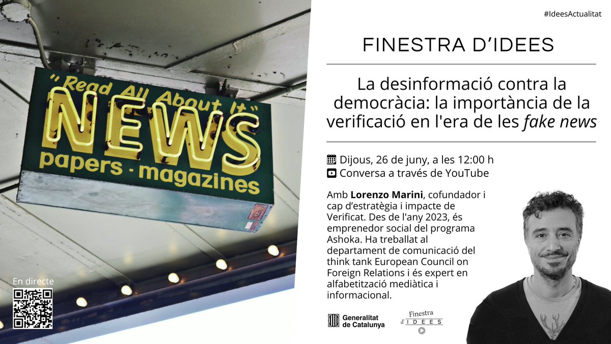 ICIP (@icipeace) on Twitter photo 🔍Com combatre la desinformació i defensar la democràcia?
Aquest dijous 26/6 a les 12 h, conversa amb Lorenzo Marini (<a href="/veri_fi_cat/">Verificat</a>) sobre fake news, verificació i salut democràtica.
🧠Organitza <a href="/idees_cat/">Revista IDEES</a>.
▶️ En directe a YouTube👇
youtube.com/watch?v=zs6wYF… 🔍Com combatre la desinformació i defensar la democràcia?
Aquest dijous 26/6 a les 12 h, conversa amb Lorenzo Marini (<a href="/veri_fi_cat/">Verificat</a>) sobre fake news, verificació i salut democràtica.
🧠Organitza <a href="/idees_cat/">Revista IDEES</a>.
▶️ En directe a YouTube👇
youtube.com/watch?v=zs6wYF…