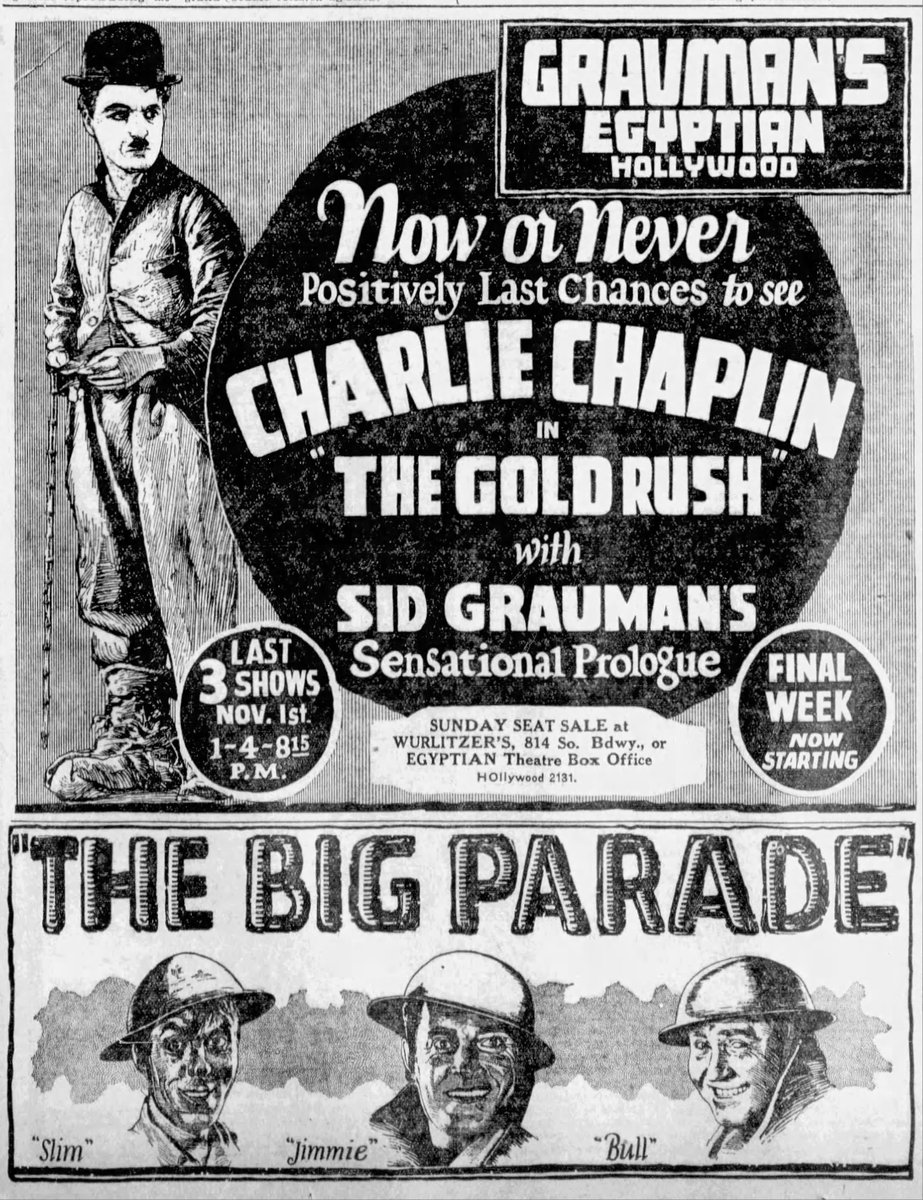 silentmoviegifs's tweet photo. The Gold Rush ran for 18 weeks at the Egyptian, then was replaced by The Big Parade https://t.co/XzWjZPwl4m