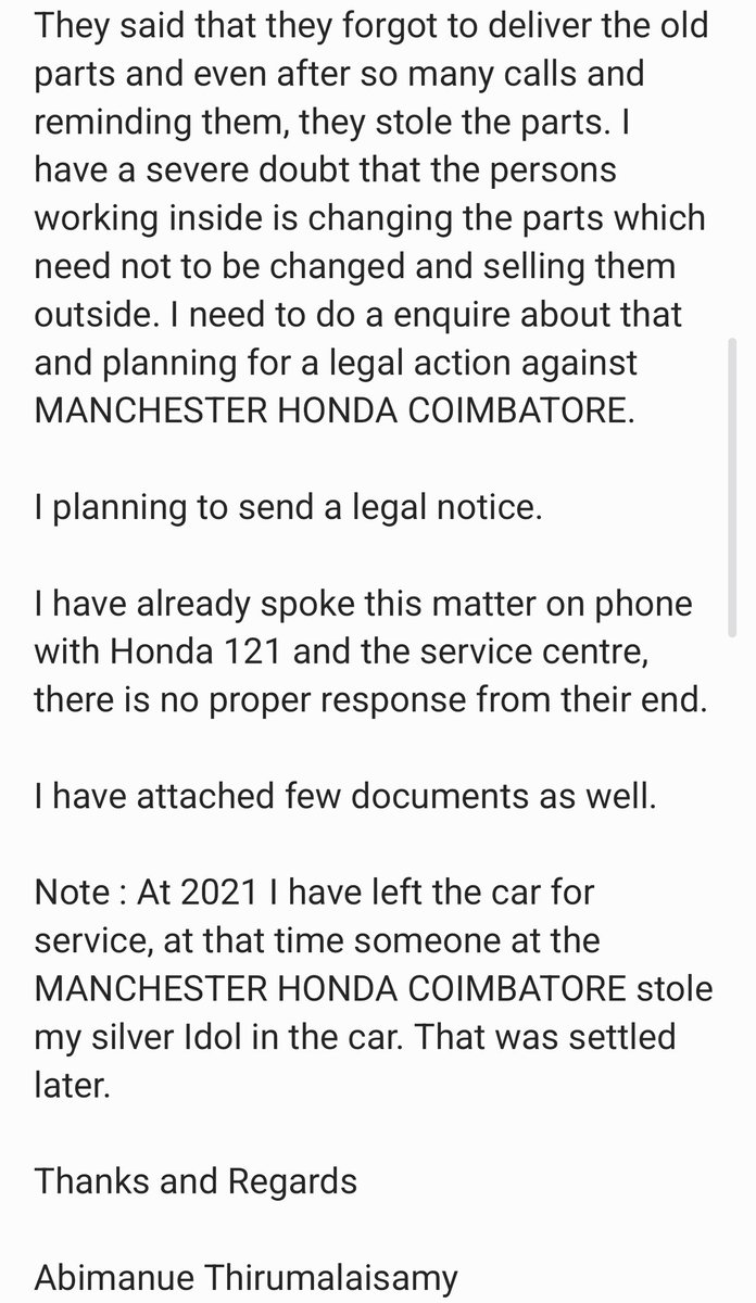 manueabi's tweet photo. @HondaCarIndia Theft of parts at Manchester Honda Coimbatore. @ManchesterHonda @timesofindia @TamilTheHindu No reply for more than 2 Months. https://t.co/gDXb3oFh2e