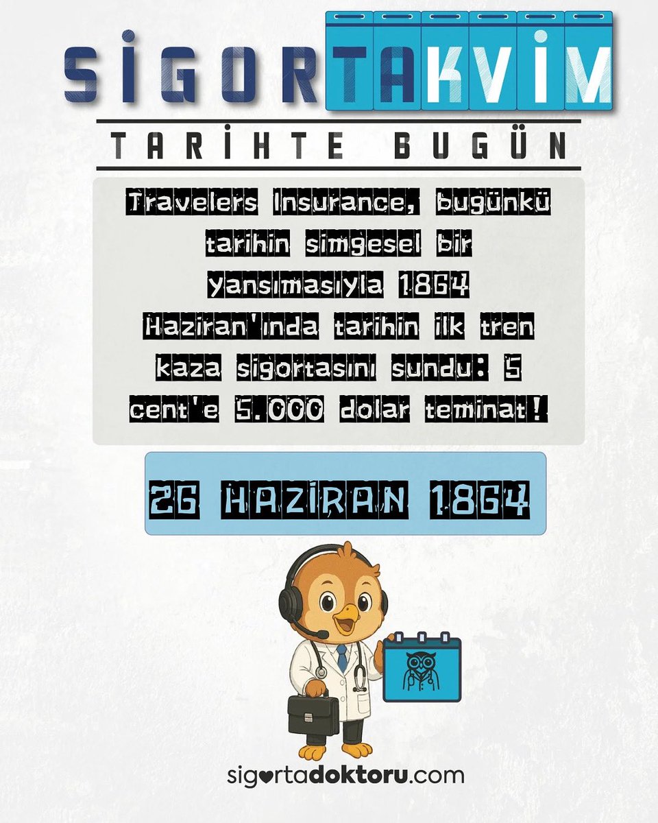 🦉 📅 Sigortadoktoru Tarihte Bugün (25 Haziran 1864)

“Travelers Insurance, bugünkü tarihin simgesel bir yansımasıyla 1864 Haziran’ında tarihin ilk tren kaza sigortasını sundu: 5 cent’e 5.000 dolar teminat!🚂

#TravelersInsurance #TarihteBugün #SigortaDünyası #sigortakvim