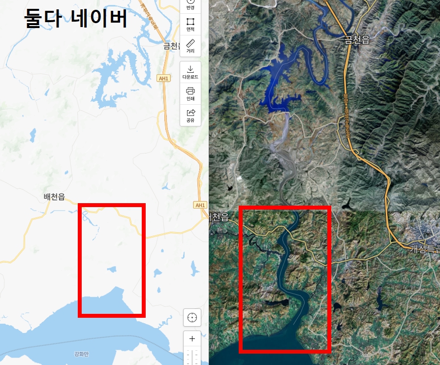 네이버야 위성지도는 못지웠다고 해서 찾아봤다.

저렇게 굵은 강줄기를 어떻게 지울수가 있냐?
위성지도에서 윗부분이 (토사?)연결 안된듯 보이지만
분명 연결된 강줄기다.

왜 지웠니??? 응???   전라도 기업이야? 기업이지?