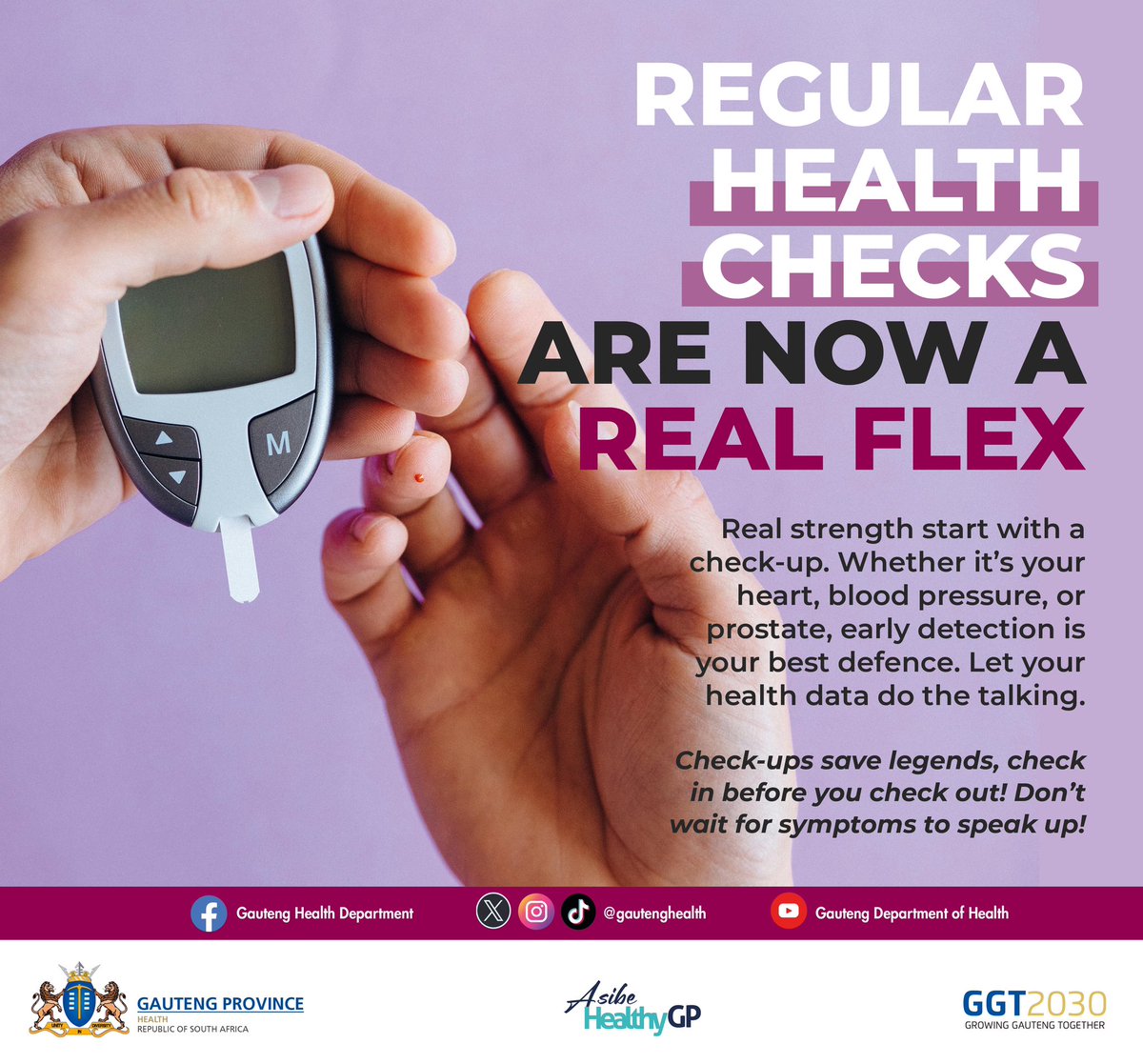 Ma’grootman!

Real men go for regular health check-ups.
Your car gets serviced, why not your body? 🚗🩺

Ungasabi:

🕒 Early detection saves lives.
🏃‍♂️ Stay ahead of health issues before they slow you down.
🛡️Prevention is better than cure. 

#AsibeHealthyGP #MensHealth