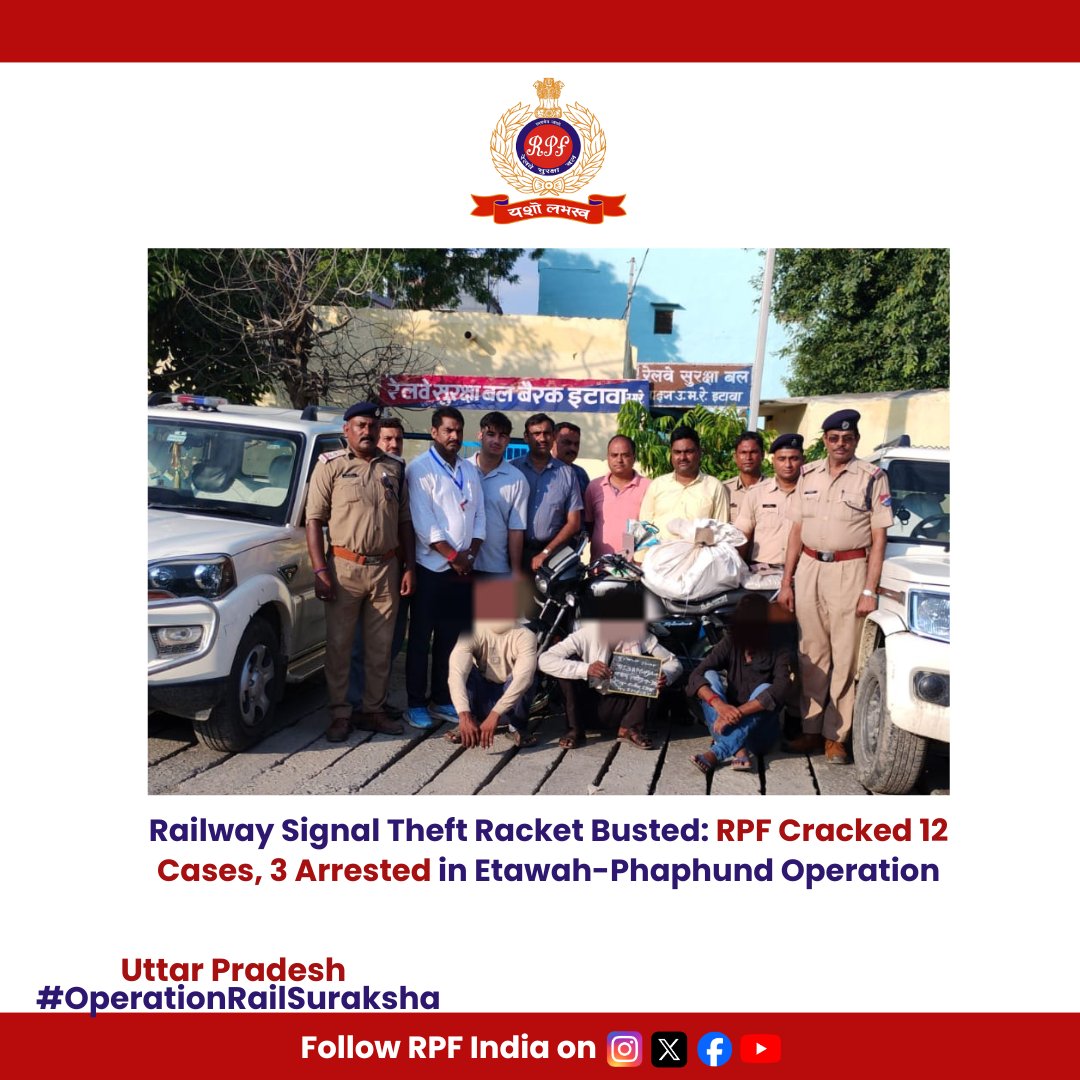 #RPF Etawah &amp; Phaphund arrested 3 accused, including a scrap dealer, for theft &amp; tampering of railway signal equipment across #Jaswantnagar–#PankiDham section.

Kudos to #TeamRPF for cracking 12 cases across 3 posts in a single coordinated operation.

#OperationRailSuraksha