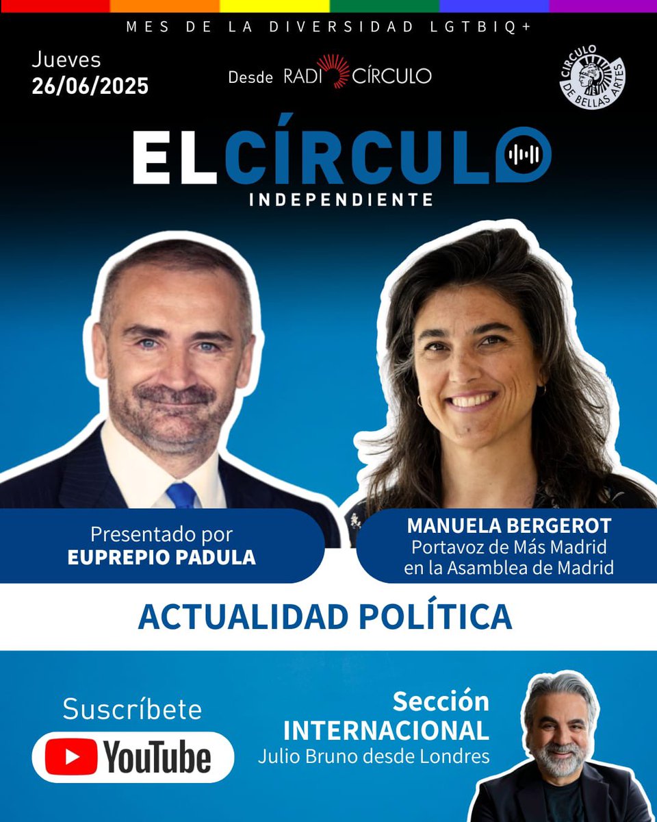 elcirculoin's tweet image. Semana muy especial en #ElCirculoIndependiente en la que celebraremos nuestro programa 100. 

➡️ JUEVES: Hablamos con @manuelabergerot , Portavoz de @MasMadrid__ en la Asamblea de #Madrid.

youtube.com/@elcirculoinde…
