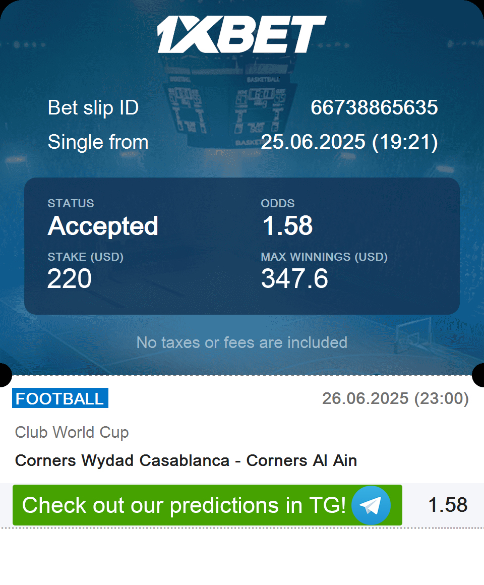FCBetMaster's tweet image. 🏆 Club World Cup Storm Alert!
🇲🇦 Wydad Casablanca vs Al Ain 🇦🇪
🏆 Max Win: $347.60
💰 Stake: $220 - 📈 Odds: 1.58
⚽️These teams love wide play and pressure 🎯
📎 Full bet details in Bio

#football #ClubWorldCup #Wydad #AlAin #FIFAWorldCup