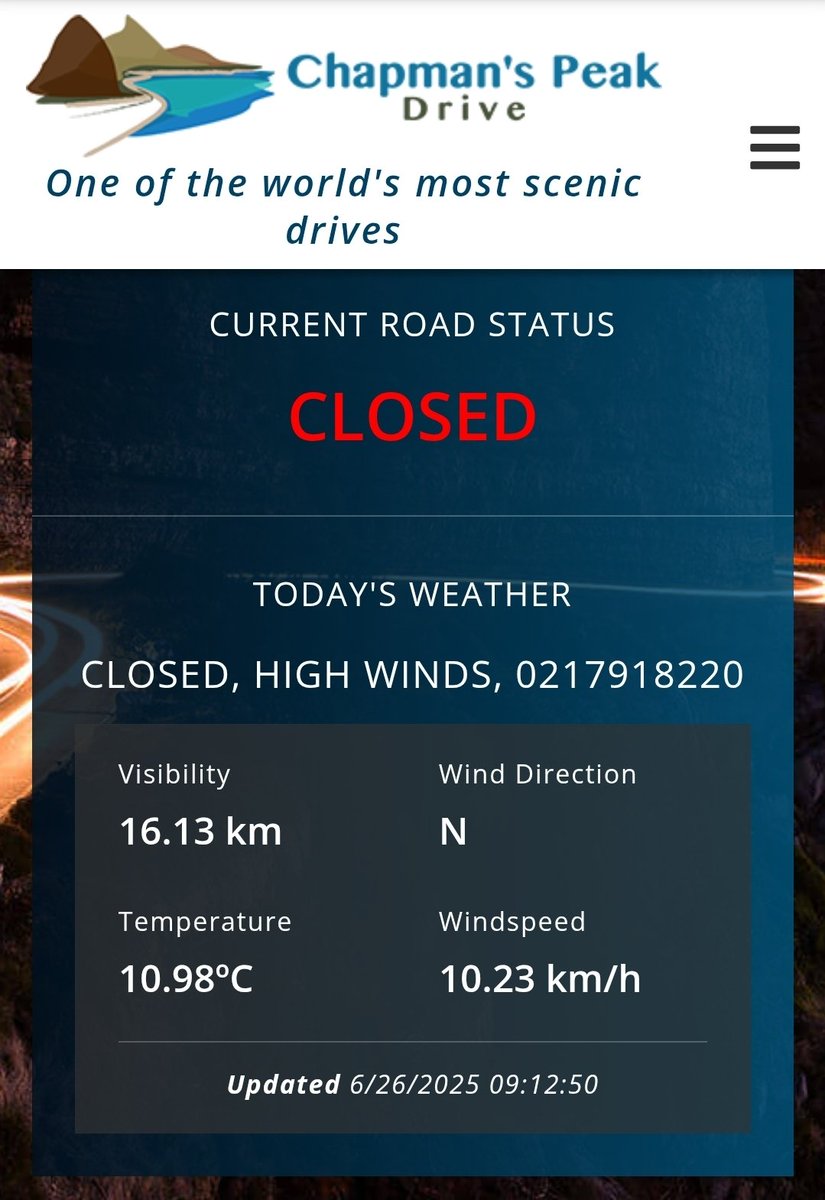 We are still closed due to the weather conditions.

chapmanspeakdrive.co.za

#chapmanspeakdrive #chapmanspeak #chappies #DiscoverHoutBay #houtbay #IAMCAPETOWN #capetown #lovecapetown #southafrica #shotleft #discoverctwc #TravelMassiveCT #TravelMassive #TravelChatSA #nowherebetter